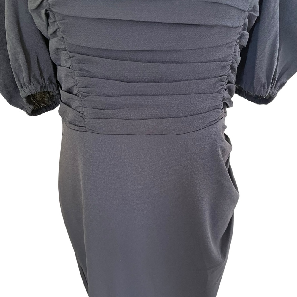 French Connection "Afina" Black Ruched Puff Sleeve Midi Dress with Slit M - Picture 4 of 15